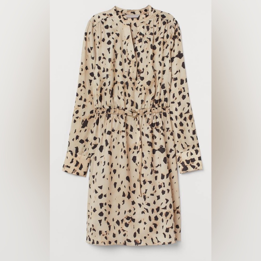 H&M V-Neck Shirt Dress Beige Patterned Long Sleeve Dress